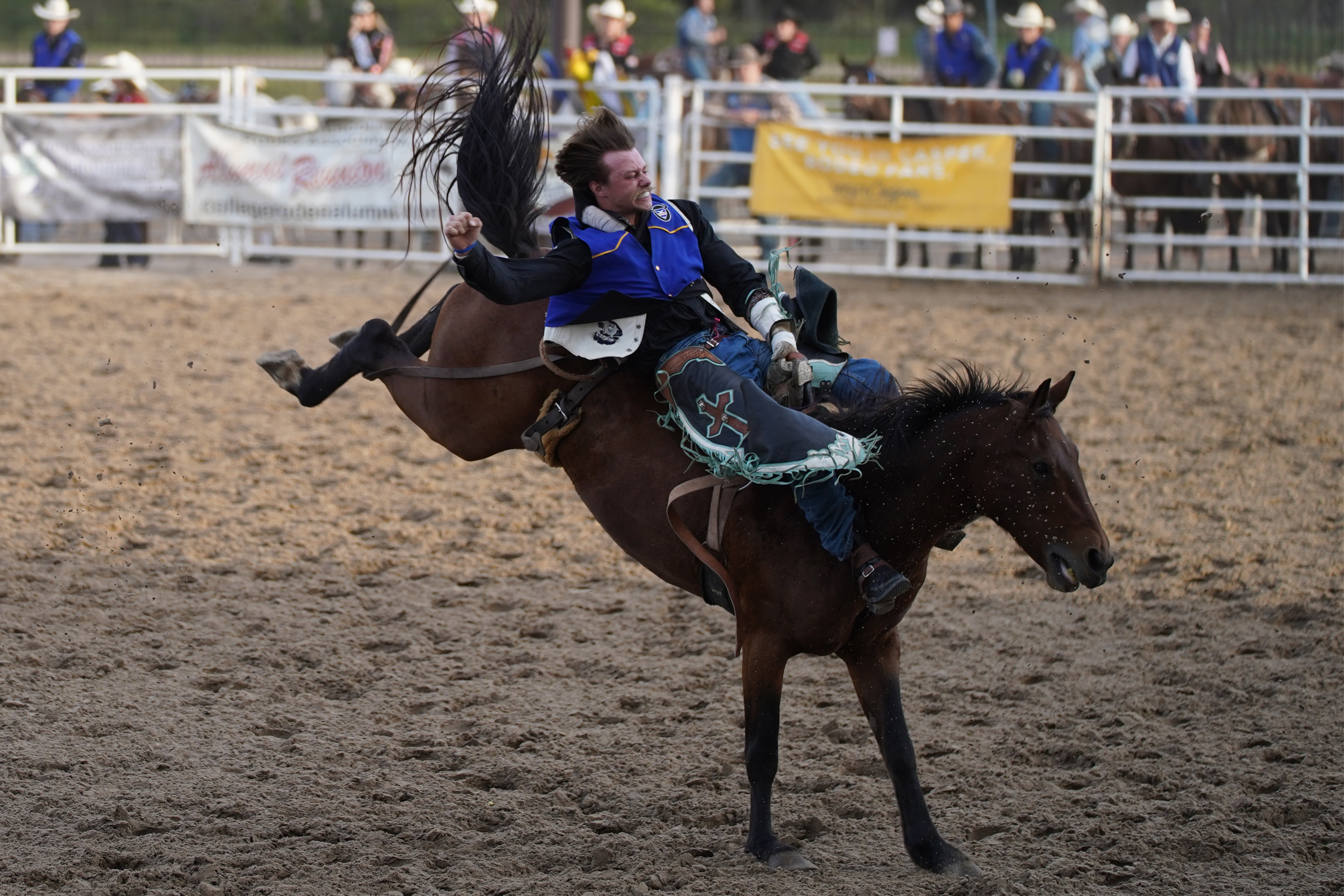 Jackson Lunn completes his final ride in the bareback event on championship Saturday at the Wild West Arena.