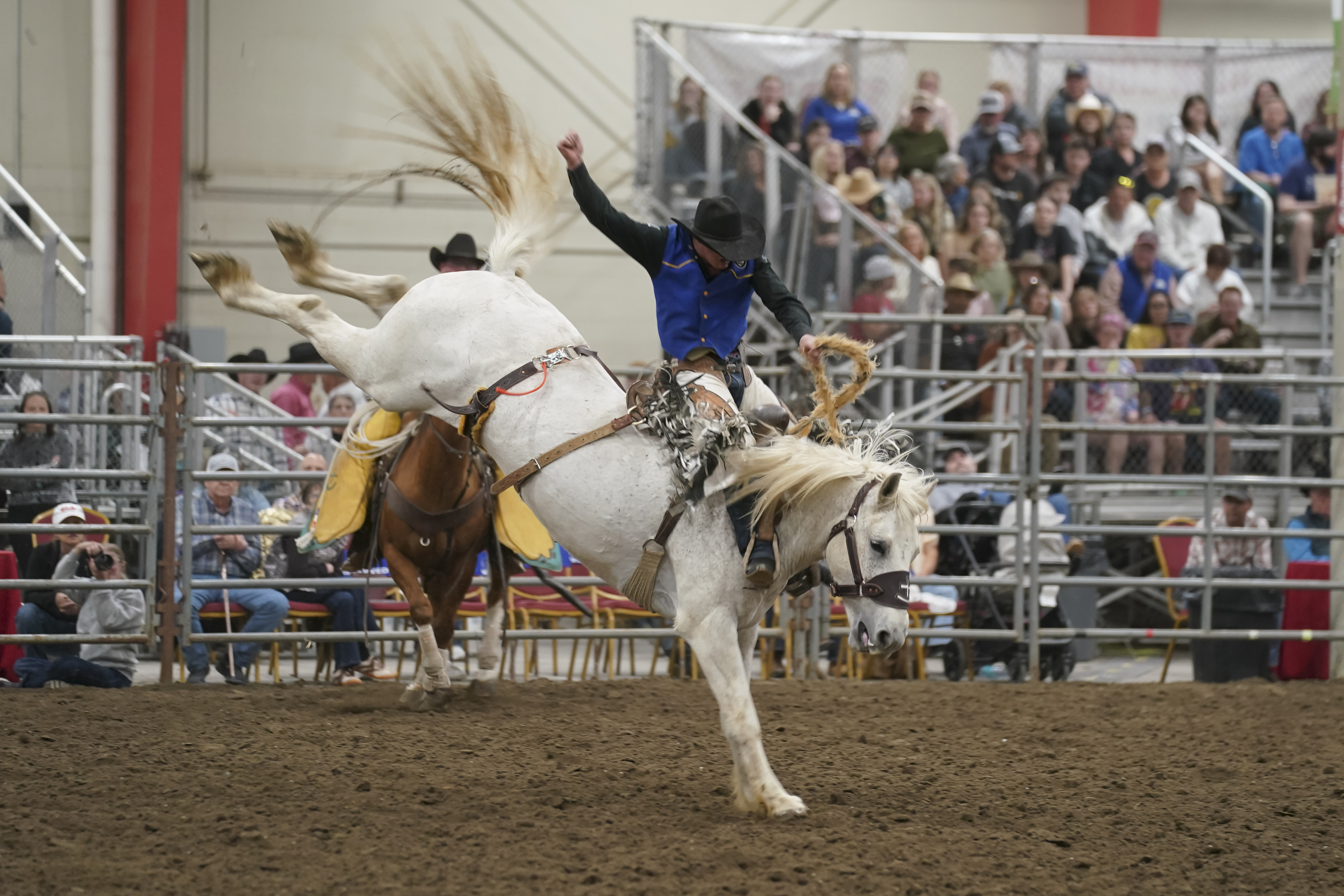 Koy McAllister competes in saddle bronc at the Cornhusker College Rodeo on Saturday in Lincoln. (Kalehua Sproat-Augustiro, Mid-Plains Community College)