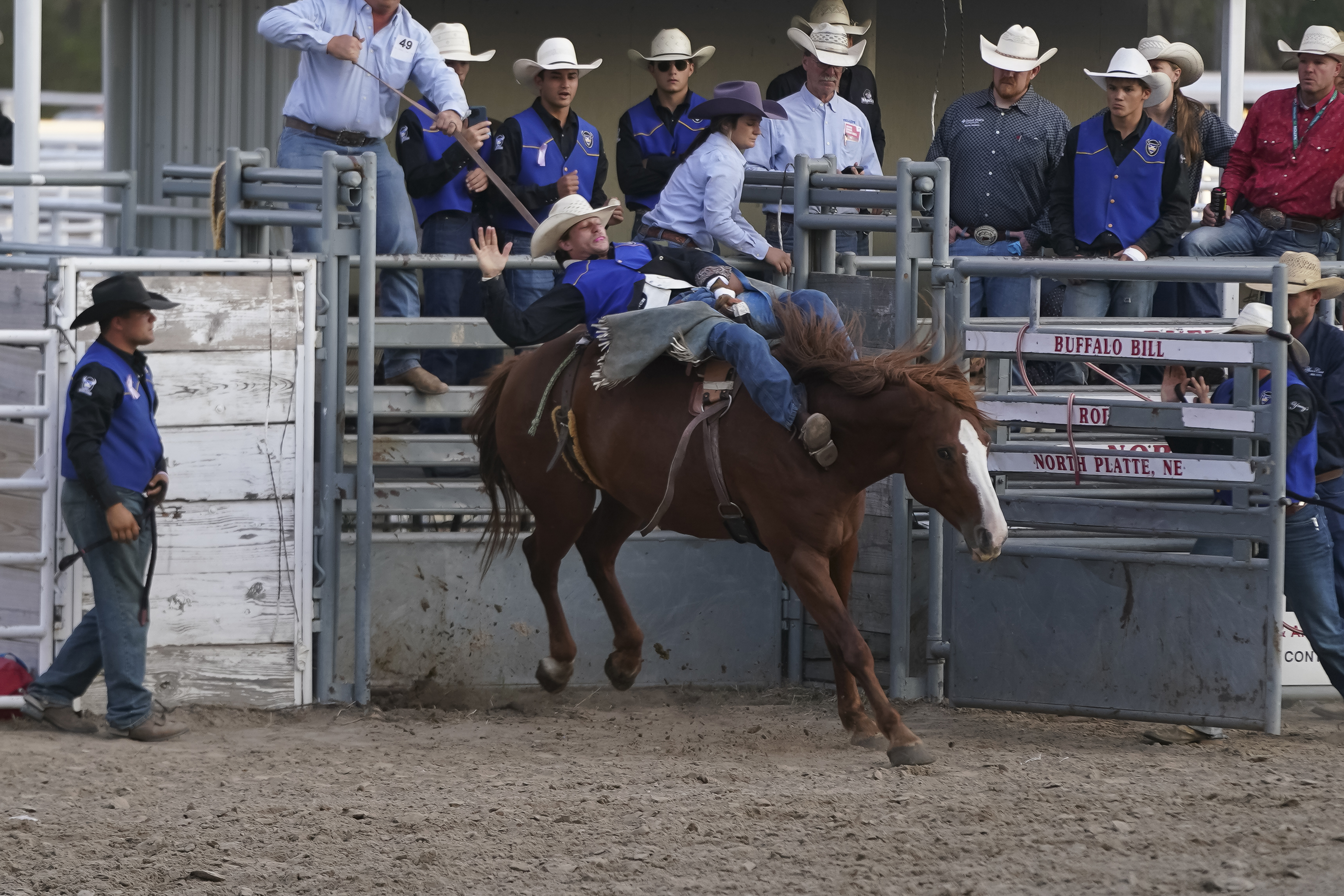 Jackson Lunn competes in bareback riding during the Mid-Plains Community College Stampede.