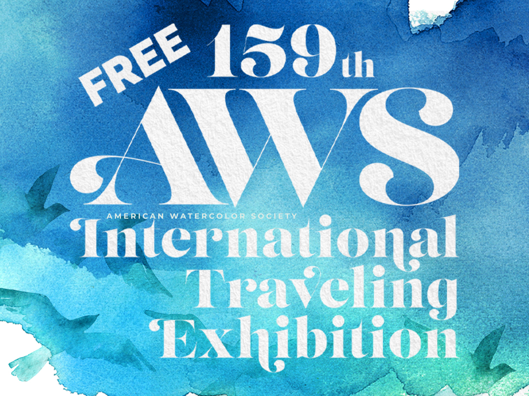 American Watercolor Exhibition graphic featuring dark and light blue tones with watercolor-style blue birds.